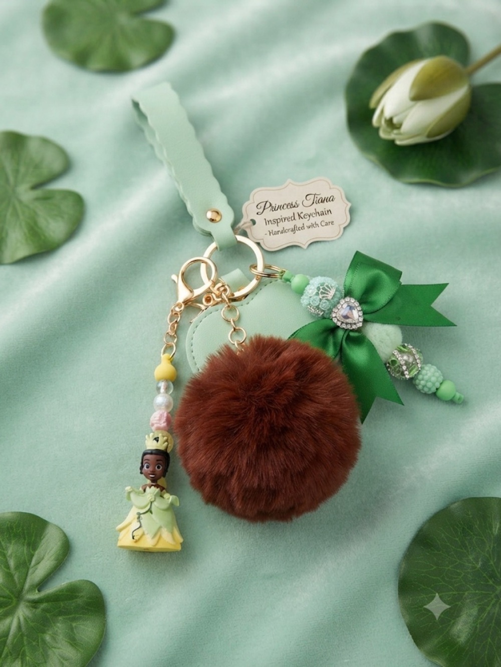 Princess Tiana Inspired Green & Brown Pom Pom Keychain Charm